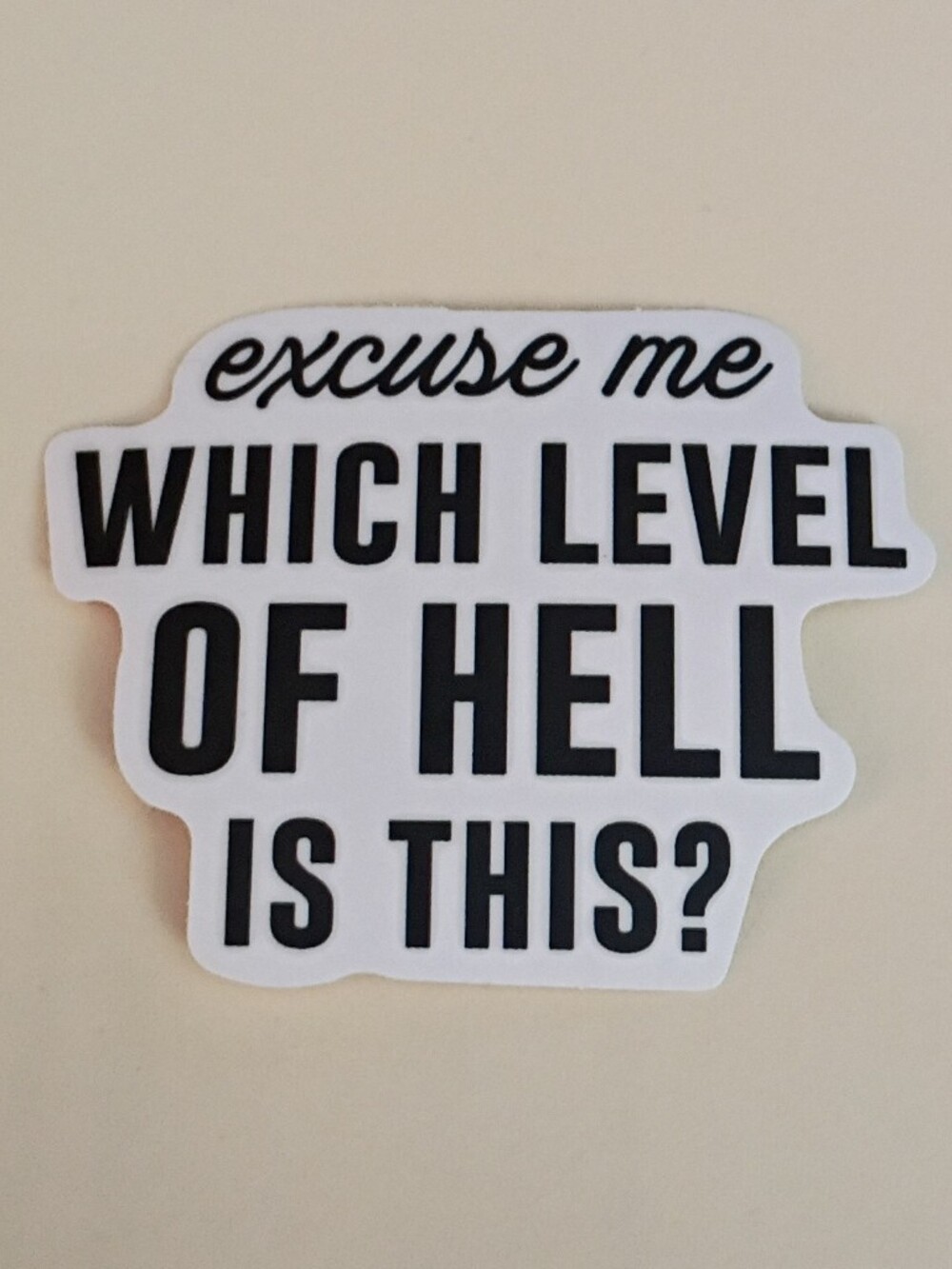 10/$10 Sticker - Excuse Me Which Level Of Hell Is This? Black Text 2
